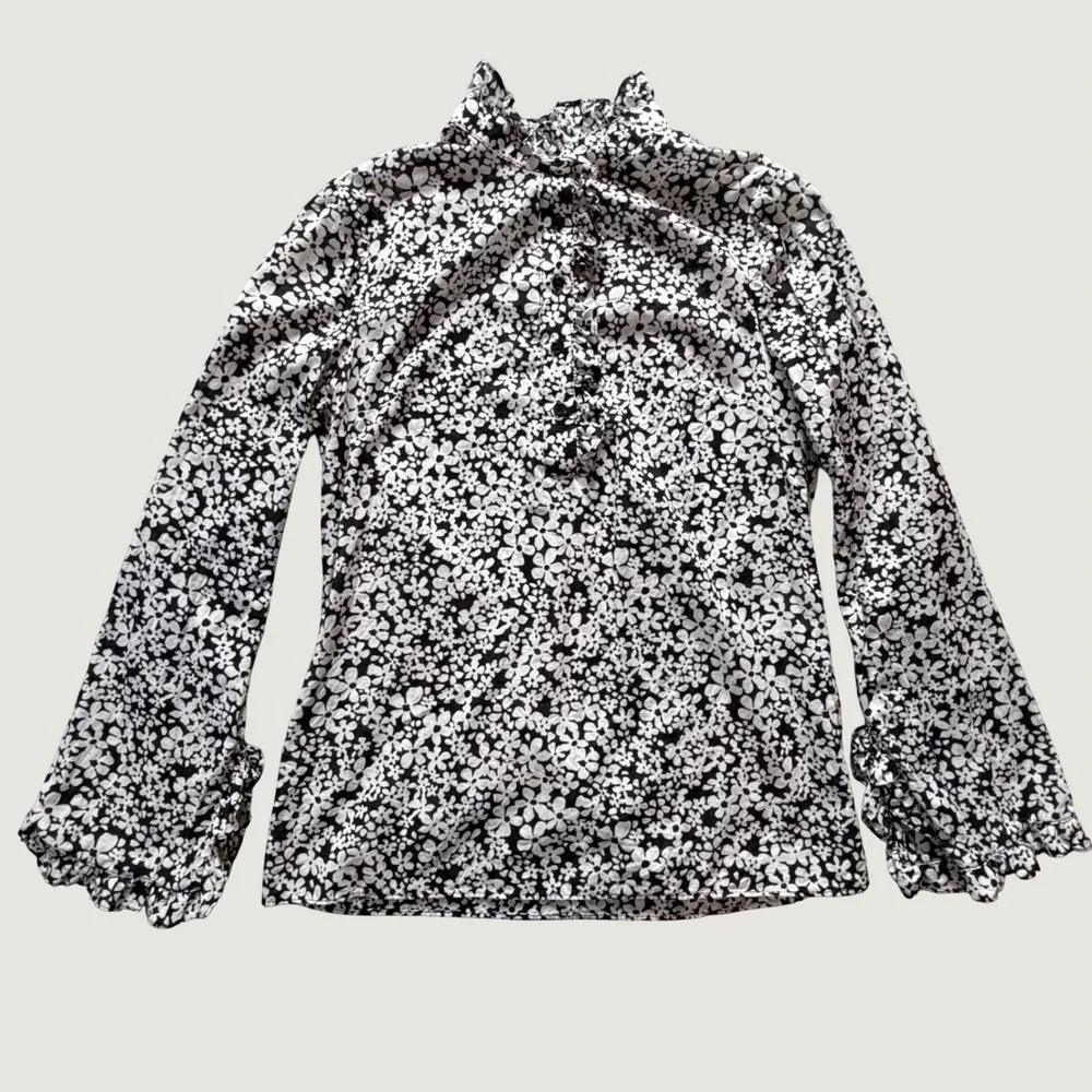 Tory Burch Black White Floral Ruffle Neck Cotton‎ Blouse 29111198 Size 8